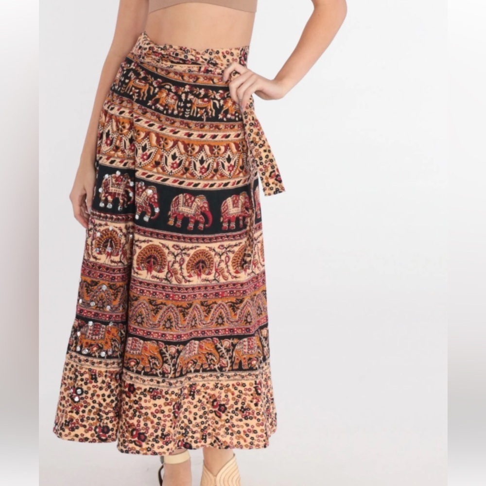 VTG Wrap Around Skirt Boho Hippie Urban Earthy One Size Elephants Maxi Festival